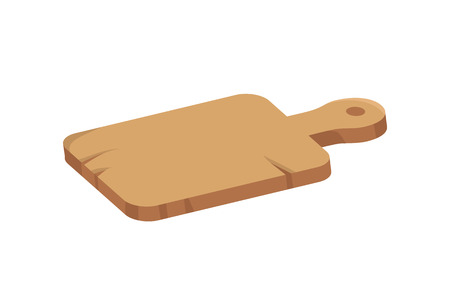 Wooden cutting board vector icon in cartoon style. Old scratched bred with handle and scratches, for cooking on kitchen, isolated single simple badgeのイラスト素材