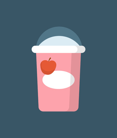 Paper package of yoghurt cartoon style isolated vector icon. Carton pack with transparent plastic cover, natural healthy beverage with cherry flavorのイラスト素材
