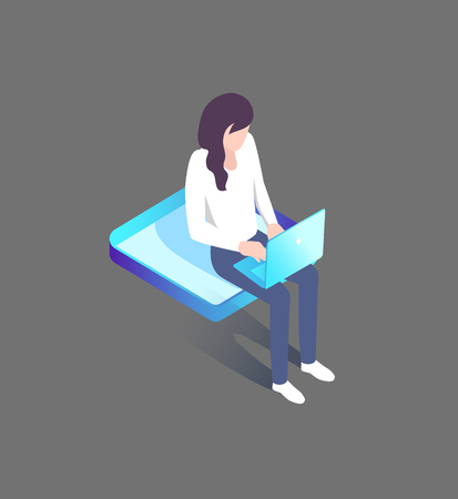 Woman Typing on Laptop Sitting on Platform 3D Iconの写真素材