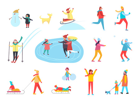 Winter holidays active people having fun, hobbies set vector. Child with snowman, kid on sledges riding down slope. Skating on ice, family walking dogのイラスト素材