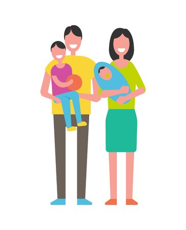 Parents and kids isolated on white. Happy family members father with son, mother with newborn boy vector couple with children, togetherness conceptのイラスト素材