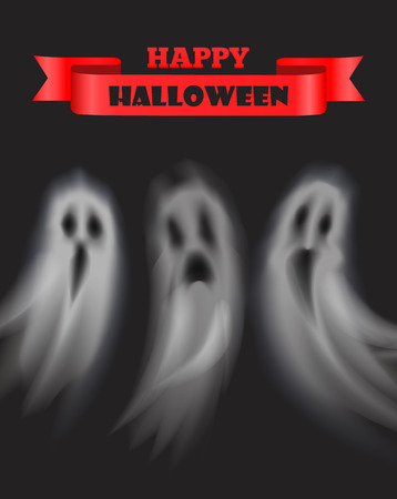 Happy Halloween poster with text and ghosts set vector. Ribbon banner for text, apparition with evil expression. Poltergeist creature at night placesのイラスト素材