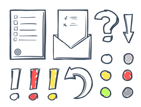 Office paper and dots with marks isolated icons set vector. Exclamation and question, pointers and indicators. Arrows and arrowheads line sketchesのイラスト素材