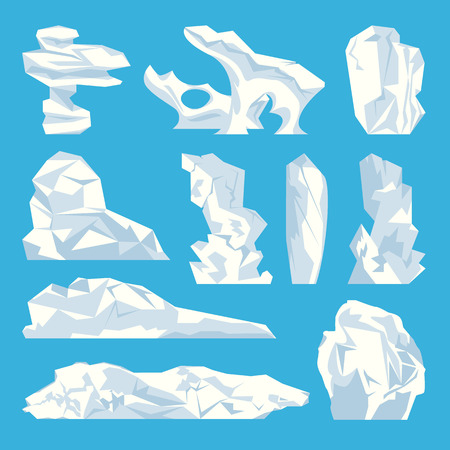 Ice iceberg hard frozen water isolated icons set vector. Natural element in polar, glacier made with crystal snow and cool temperatures of ocean seaのイラスト素材