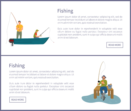 Fishing people in wooden boat floating on river catching limbless animals. Man with rod sitting on dock pier of wood by lake, vector illustrationのイラスト素材