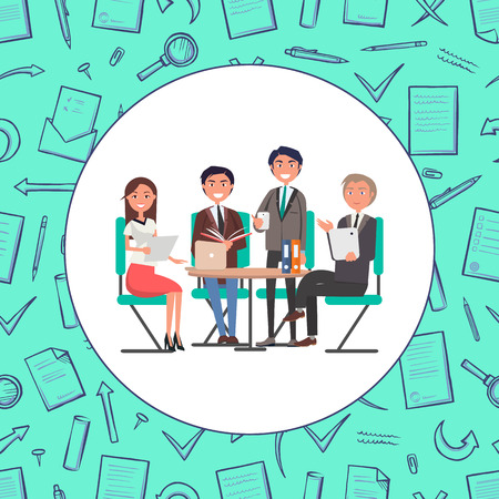 Business discussion and teamwork people vector. Male and female analyzing information, seamless pattern made of correspondence messages and marksのイラスト素材