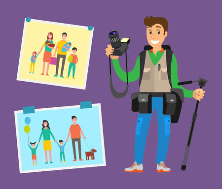 Example of cameraman content, family pictures of parents and children vector. Cute photographer with professional equipment camera gears and tripodのイラスト素材