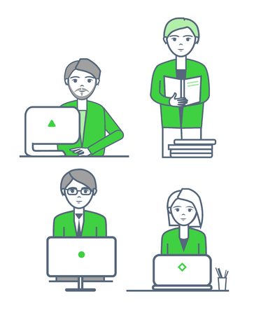 Male and female collaboration at office vector. People working with gadgets and papers, pages with information. Laptops giving data, teamwork setのイラスト素材