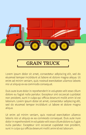 Agricultural machinery icon, cartoon vector banner. Big red grain truck with metallic trailer, isolated new equipment and farming technique posterのイラスト素材