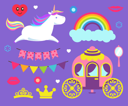 Unicorn and rainbow princess party set vector. Crown types and carriage, hand mirror and lips decor, cloud and heart face, lips and flags with flowerのイラスト素材