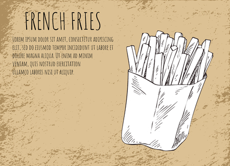 French fries fried potatoes in package poster with headline and monochrome sketch outline. American fatty and salty sticks meal vector illustrationのイラスト素材
