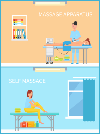 Massage apparatus and self treatment set of people relaxation and body pain relieving procedures set vector. Machinery for skincare of woman backのイラスト素材