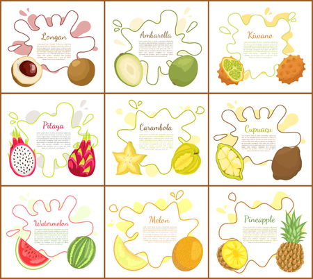 Longan and pitaya posters with text set. Carambola slice in form of star, ambarella and cupuacu, Pineapple and kiwano exotic product, lush meal vectorのイラスト素材
