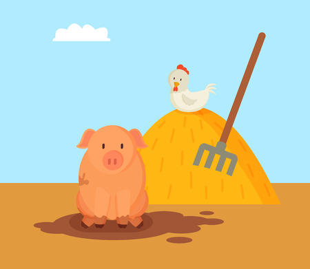 Pig and domestic hen on hay with rake. Animals breeding on farm by farmers. Mammal swine in dirt and chicken with white feathers vector illustrationのイラスト素材