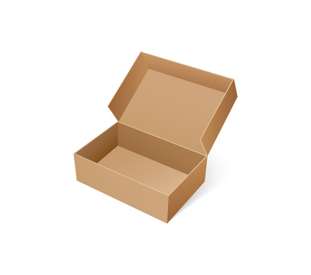 Open box for shoes storage. Empty container made of carton, brown pack for goods delivery, blank packaging parcel of rectangular shape vector isolatedのイラスト素材