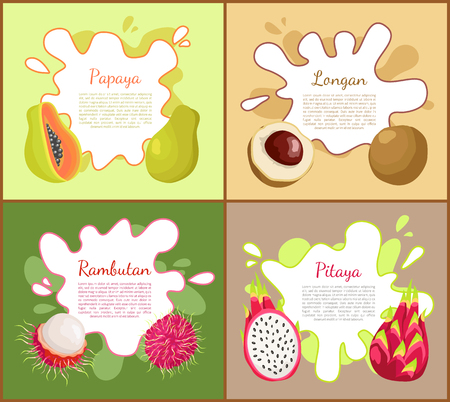 Papaya and longan, rambutan an pitaya posters with lush succulent tropical fruit and text sample set. Healthy organic exotic vegetarian products vectorのイラスト素材