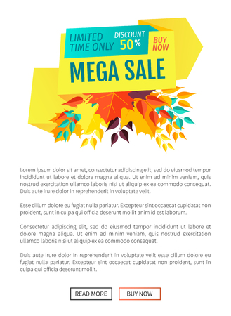 Mega sale offer discount poster with text sample and banner decorated with leaves. Fall autumn proposition clearance sellout proffer buy now vectorのイラスト素材