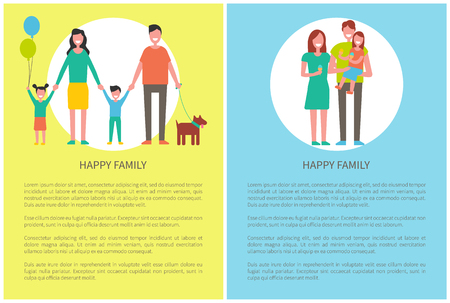 Happy family with pet posters and text sample. Daughter holding balloons, little girl eating ice cream dessert. Parents and children spend time vectorのイラスト素材