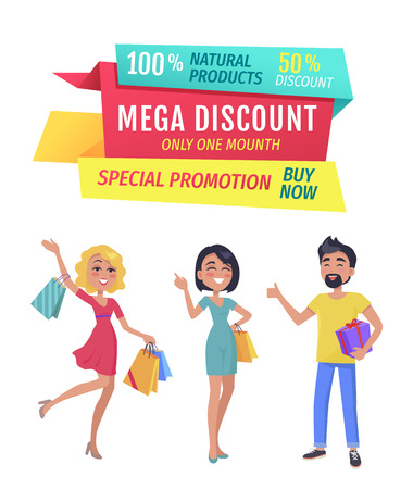 Exclusive product mega discount buy now promotion only one day. Smiling shopping clients with bags and presents wrapped in decorative paper vectorのイラスト素材