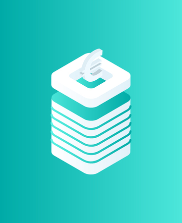 Blockchain euro currency isometric isolated icon 3d vector. European money cash logotype on top of plates making pedestal. Mining and investing coinsのイラスト素材