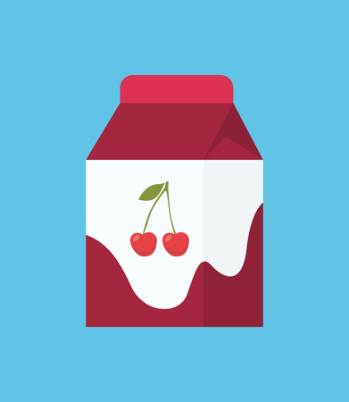Yogurt in cartoon style icon isolated carton package. Dairy fermented milk beverage of cherry flavor in cardboard square pack, healthy food themeのイラスト素材