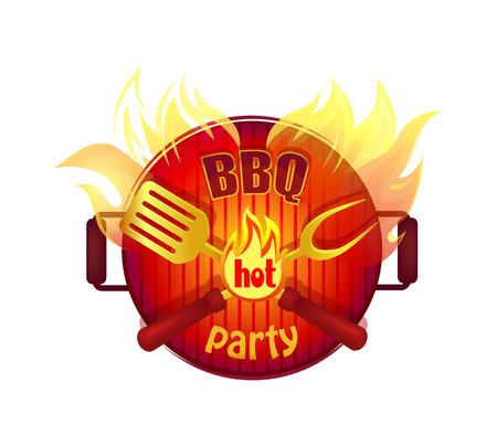 BBQ hot party barbeque isolated icon vector with text. Frying pan fire and flames and cutlery flatware. Barbecue dishware and heat to make beefsteaksのイラスト素材