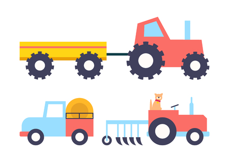 Cars with equipment working on farm cartoon vector icon. Tractor with empty trailer, truck with bales of hay and cat driving small machine with plowのイラスト素材