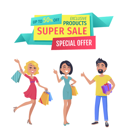 Exclusive products for super sale banner. Girls and boy shopaholic friends with purchases with promotional half price special offer advert caption.のイラスト素材