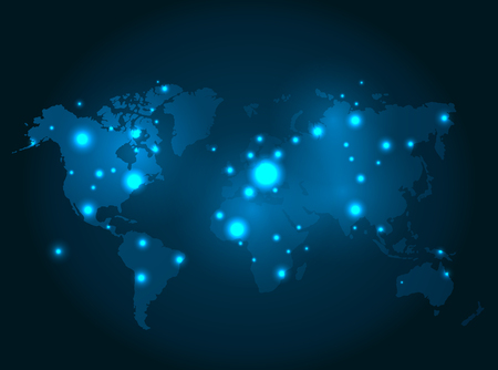Illuminated world map with glowing dots vector on dark blue. Futuristic illumination of Earth continents, worldwide connection and globalization conceptのイラスト素材