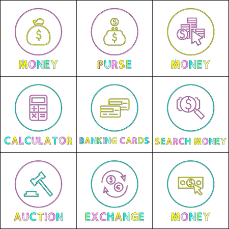 Money operations icons set vector illustration, isolated in circles logos of calcutor banking cards currency exchanger and bags with dollar symbolsのイラスト素材
