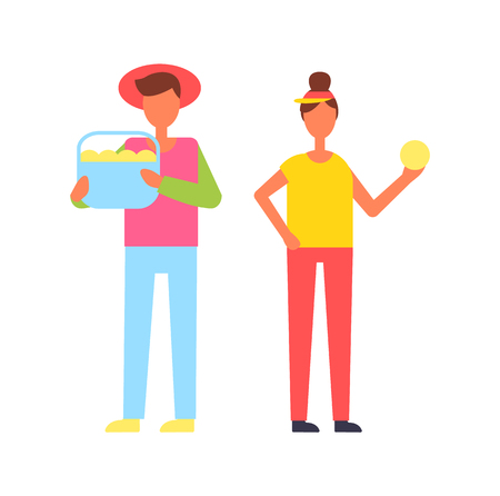 Harvest gathering of fruits into bucket held by young man wearing hat. Farmers female and male collecting ripe plants seasonal autumnal job vectorのイラスト素材