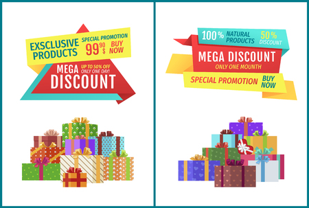 Special offer hot prices set with banners and gifts. Super sale buy natural products now limited time only. Presents in boxes with ribbons vectorのイラスト素材