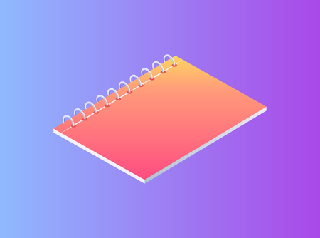 Neon notebook on spring isolated vector badge. Paper for notes, spiral notepad emblem in cartoon style 3d isometric design, journal simple sampleのイラスト素材