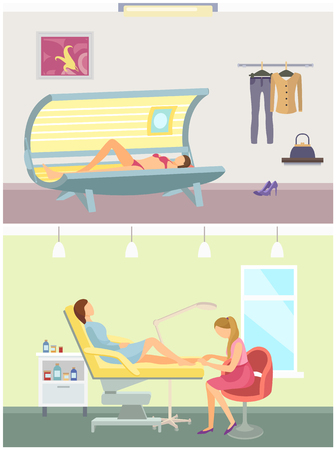 Tanning in salon and pedicure service vector. Solarium sun parlor sunroom, pedicurist skillful woman caring for clients nails. Beauty industry ladiesのイラスト素材