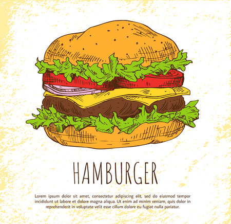 Hamburger with fresh salad and buns color banner, isolated on bright background vector illustration of snack with succulent cutlets and vegetablesのイラスト素材