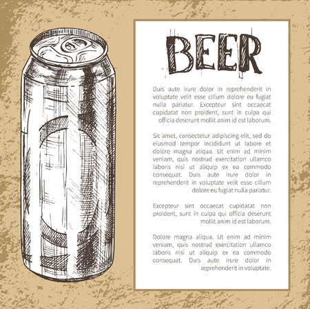 Refreshing drink in handy can or tin hand drawn vector illustration. Sketch style depiction for brew house on oldish backdrop with framed text sample.のイラスト素材