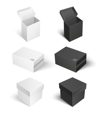 Package with caps empty containers isolated icons set vector. Square shaped carton boxes for products keeping and storage. Compact products shippingのイラスト素材