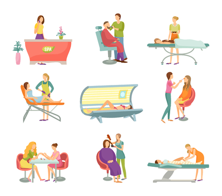 Spa salon pedicure and barber shop procedures isolated icons vector. Receptionist on reception, massage and masseur, tanning process and cosmeticianのイラスト素材