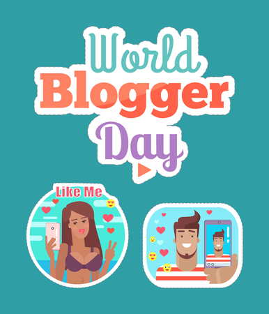 World blogger day woman and man blogging and streaming sticker set vector. Patches of female and male, social networking and smileys emojis videoのイラスト素材