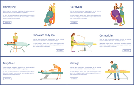 Hair styling and chocolate care spa posters with text sample vector. Wrap of legs, cosmetician with facial procedures and relaxation treatment setのイラスト素材