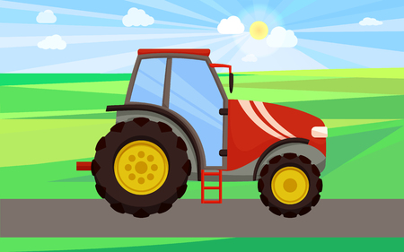 Tractor driving on green field vector. Automobile with cabin for tractorist driver, ladder and wheels. Farming machinery, auto for lands cultivationのイラスト素材
