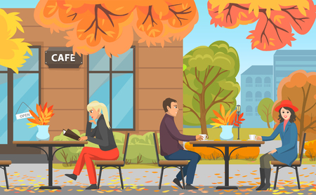 Autumn park with cafe, couple drinking coffee and woman reading menu at table. Fall leaves, romantic date near single visitor vector illustration.のイラスト素材