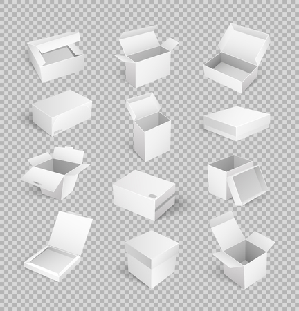 Packages boxes with opened top, set of isolated icons vector. Cardboard for products storage, transporting of items in carton containers on transparentのイラスト素材