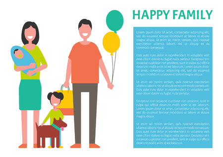 Happy family mother, father and two sons newborn and infant with pet dog poster with frame for text. Dad, mom and little boy on arms, dad holding balloonsのイラスト素材