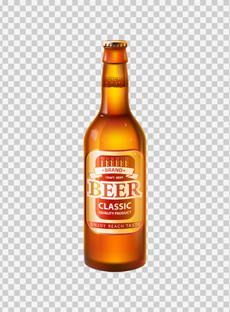 Craft beer in bottle with cap. Low alcohol drink made of hop and barley in glass container. Label on beverage realistic 3D vector on transparent backdropのイラスト素材