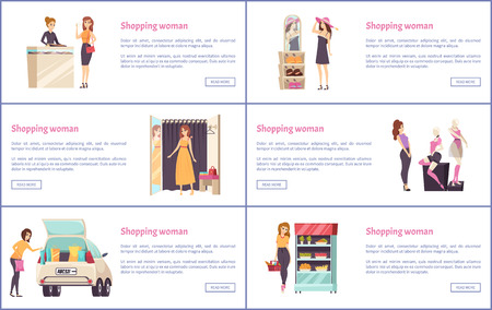 Shopping shops, stores with luxury clothes vector. Brand hats and dress, jewelry department and cosmetics stand. Fashion and beauty products for womenのイラスト素材