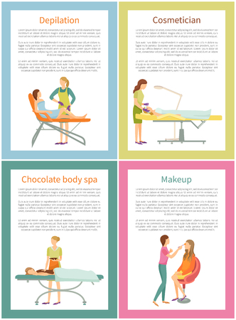 Depilation and cosmetician face care posters with editable text sample vector. Hair removal on legs of woman, visage makeup and chocolate procedureのイラスト素材
