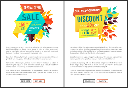 Sale offer special discount exclusive proposition. Seasonal sale sellout and super clearance. Big deal autumn clearance poster with text sample vectorのイラスト素材