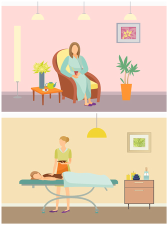 Beauty salon resort and chocolate spa set vector. Woman resting on vacation by drinking tea from teapot. Professional care of skin of clients backのイラスト素材