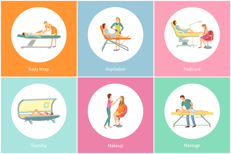 Tanning spa salon and body wrap for detox and slimming icons set vector. Hair Removal wax stripes epilation and tan gaining, visage makeup and massageのイラスト素材